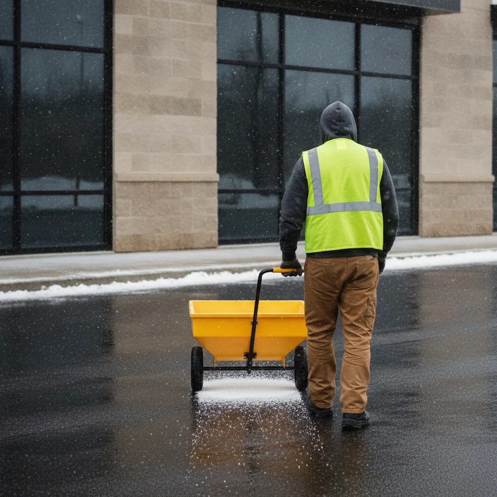 Crew member in a hi-vis vest laying de-icer with a yellow drop spreader