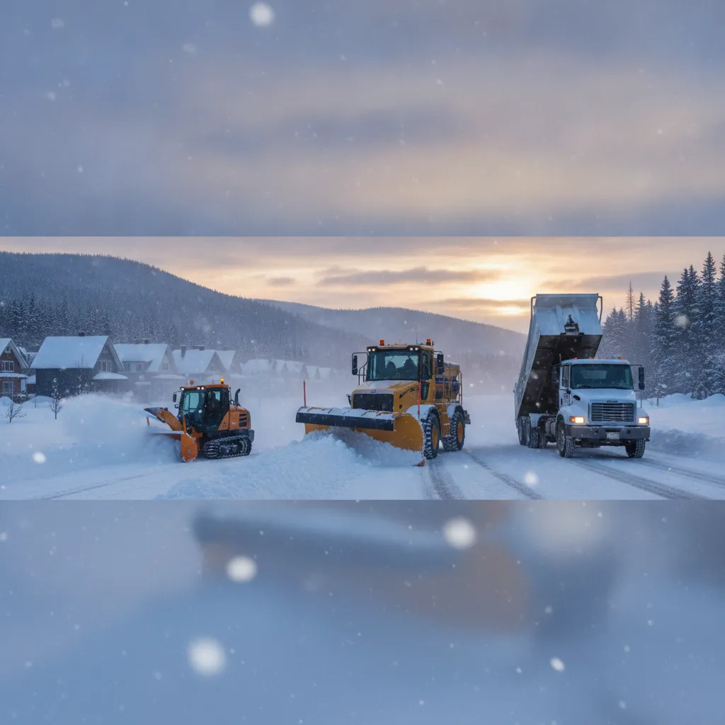 Mister Snow loaders and trucks working at first light