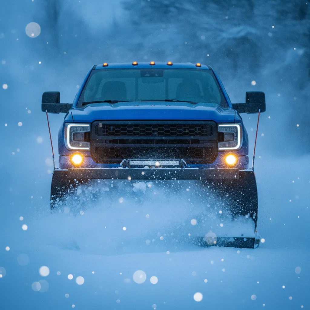 Blue pickup truck plowing toward the camera at dusk, snow spraying off the blade