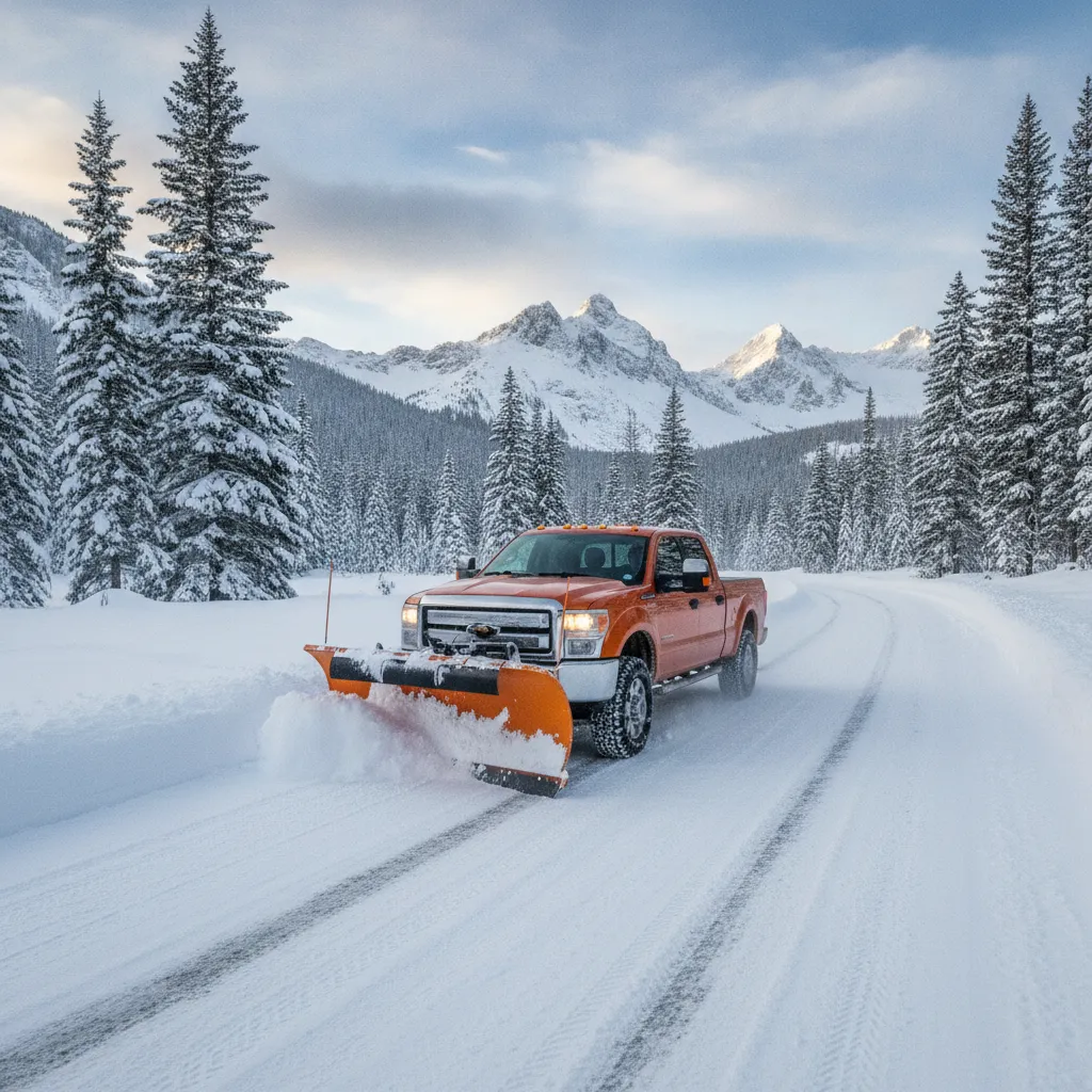 Red pickup plowing a snowy road