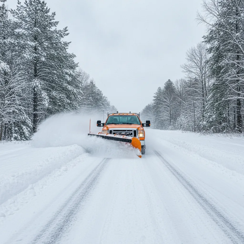 Plow truck clearing a tree-lined road