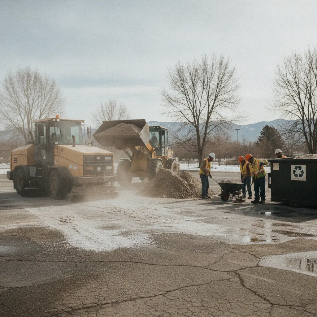 Spring cleanup crew sweeping winter sand from a lot