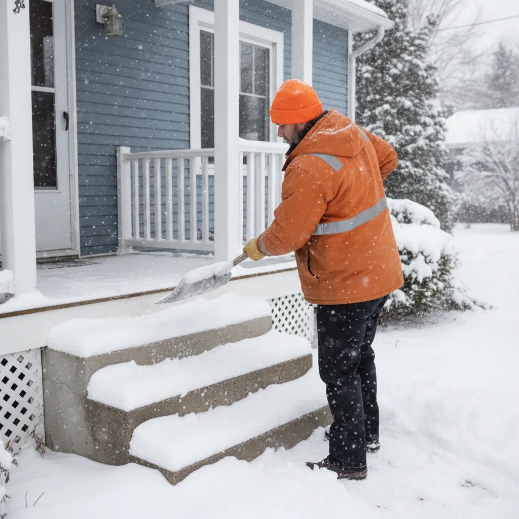 Crew member shovelling the front steps of a house