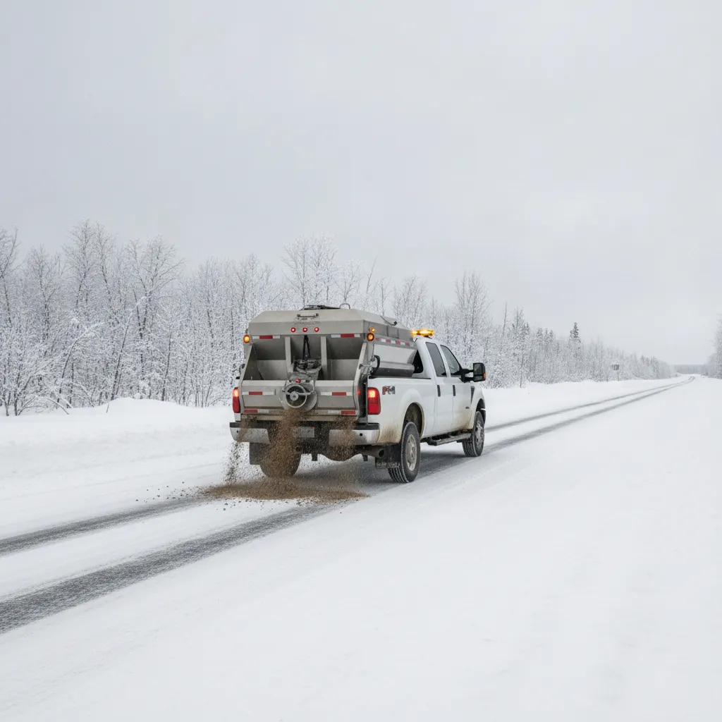 Pickup truck with a hopper sander spreading traction sand on a snowy road