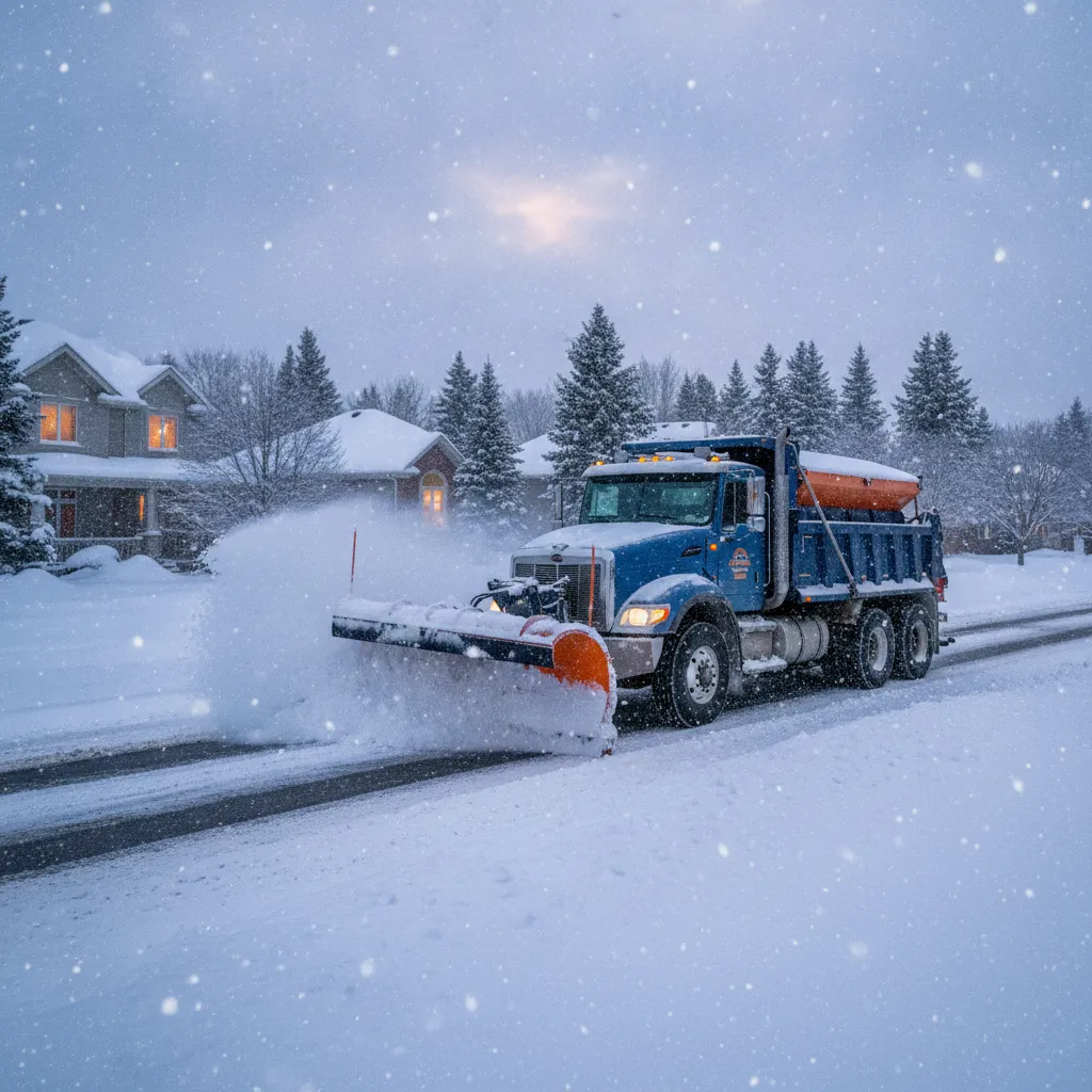 Dump truck with plow hauling snow
